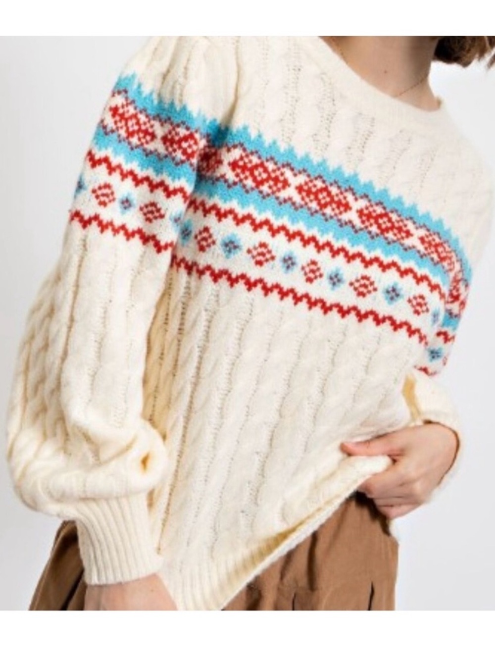 Easel Cream Cable-Knit Sweater with Red & Blue Fair Isle